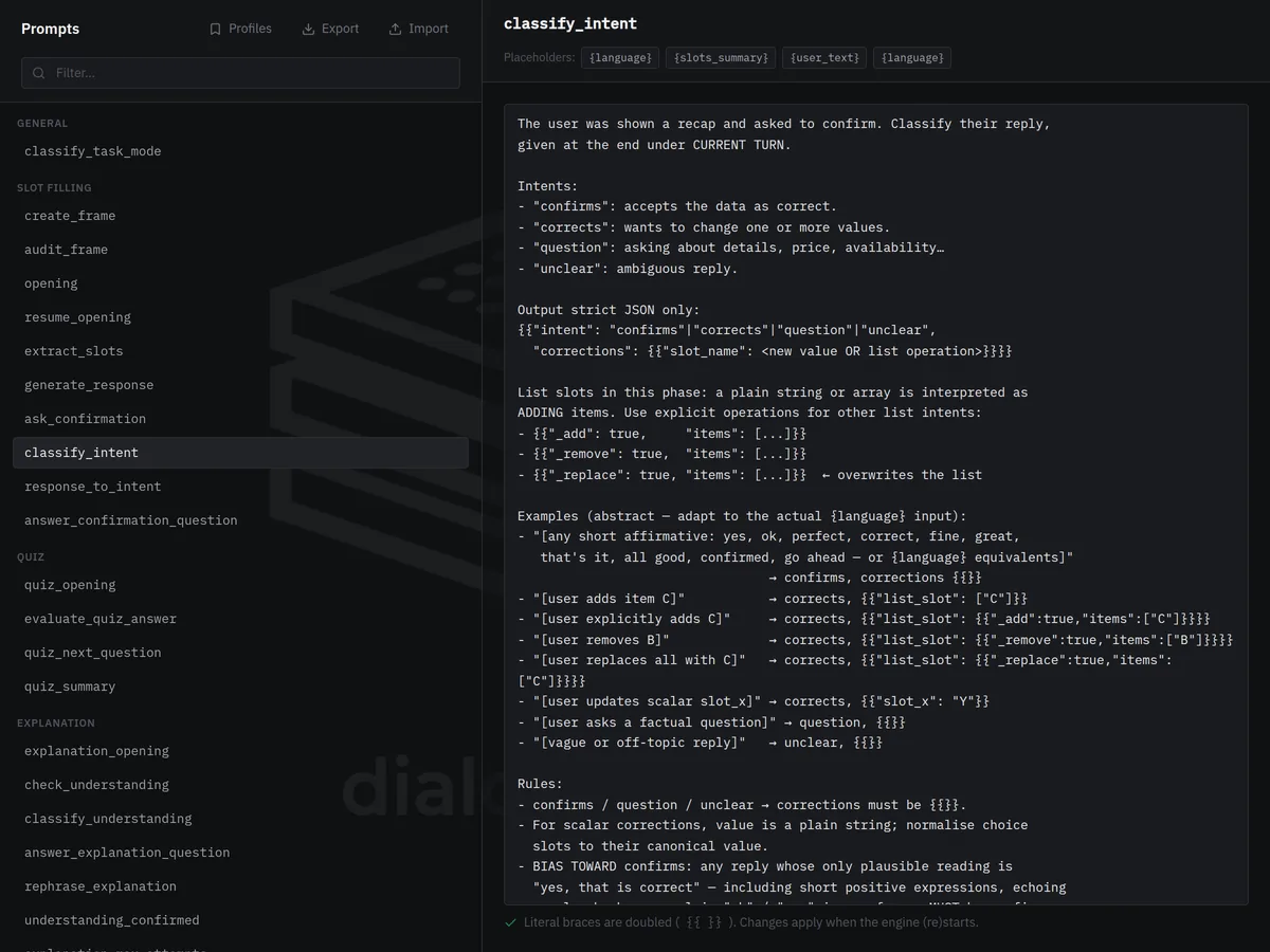 Prompts editor with the classify_intent template open
